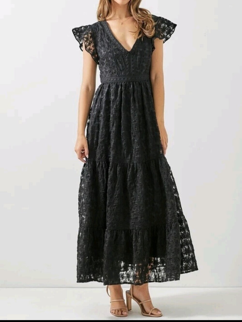 BAEVELY Black Layered  Lace Midi Dress with Flutter Sleeves..Size:M